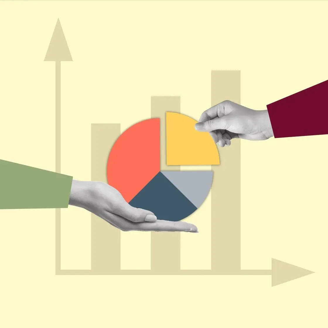 Illustration : des mains assemblent un graphique en camembert, symbolisant l'analyse de données CRM