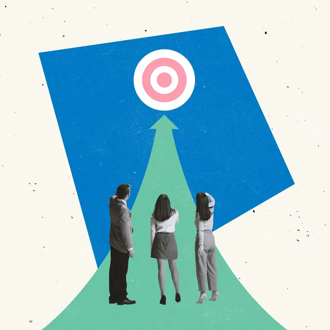 Illustration : une équipe regarde une cible au sommet d'une flèche ascendante, symbolisant les objectifs marketing