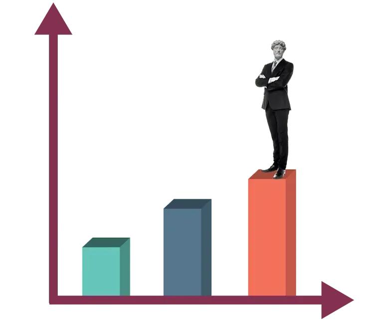 Illustration : un homme d'affaires debout au sommet d'un graphique en barres ascendant, symbolisant l'expertise et la croissance professionnelle