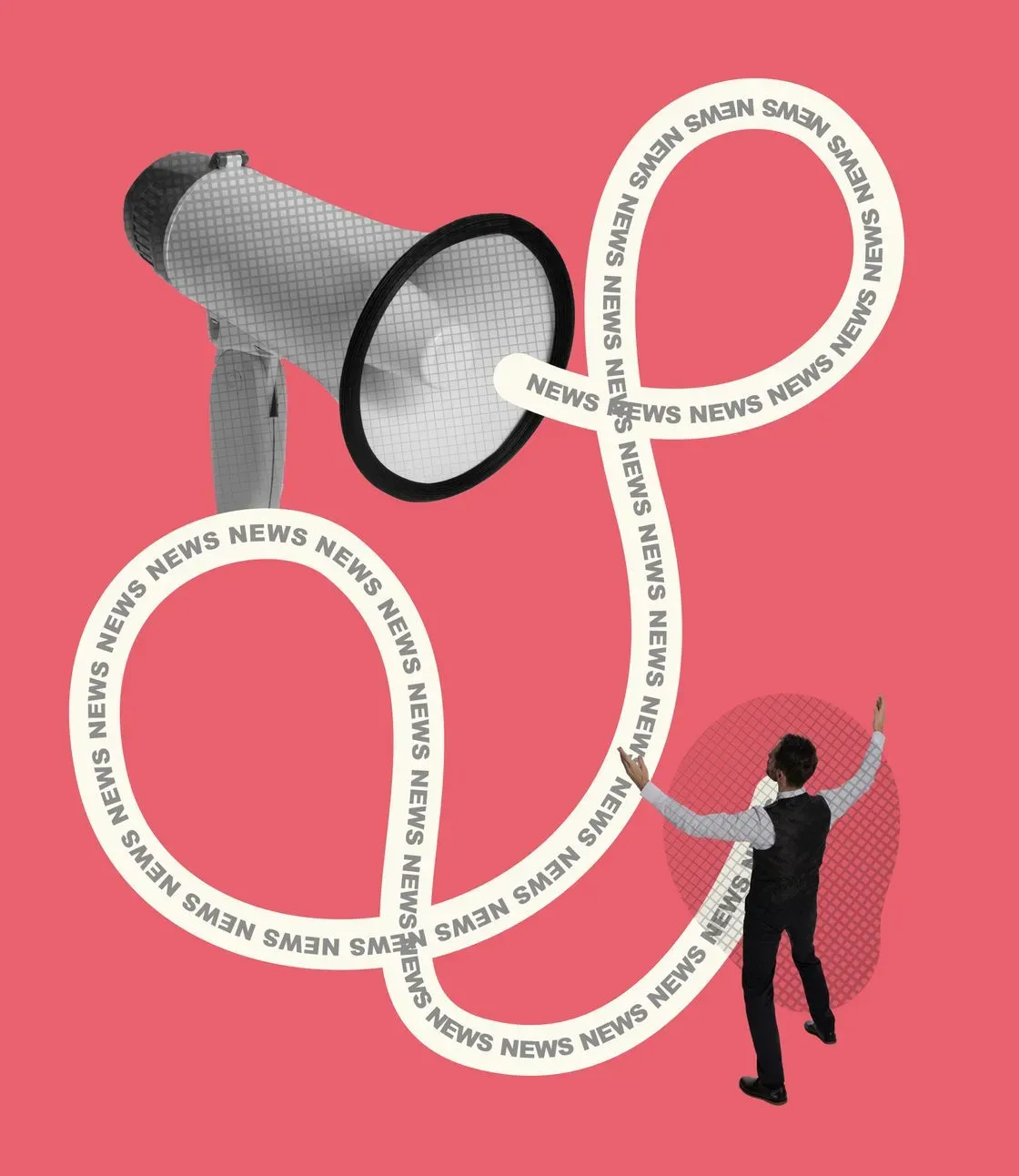 Illustration : un mégaphone diffuse un ruban 'news' en boucle, symbolisant les actualités du blog