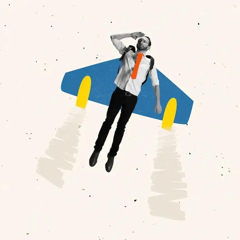 Illustration : un homme propulsé par une fusée, symbolisant l'accélération d'une refonte WordPress