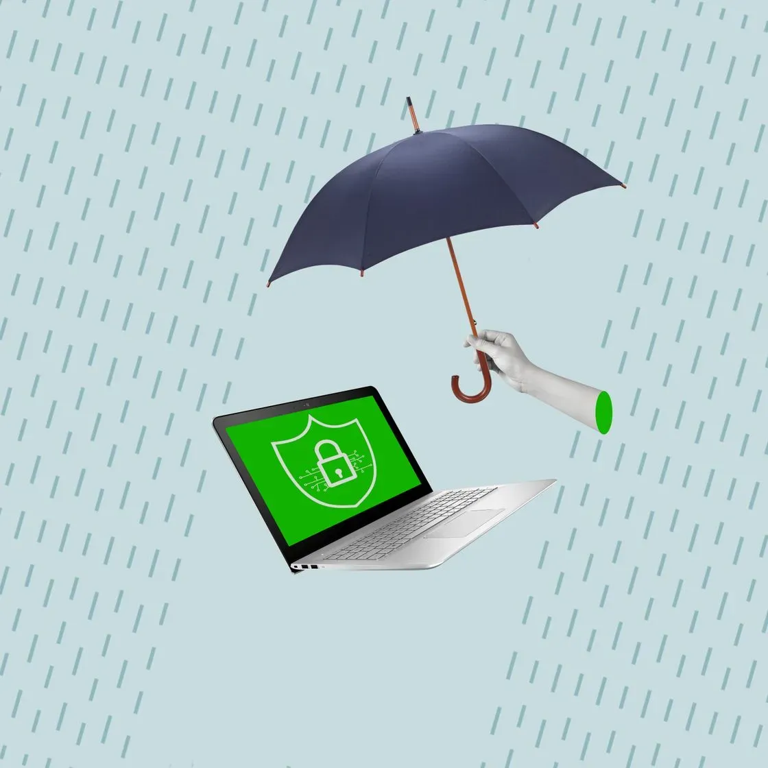 Illustration : un parapluie protège un ordinateur portable, symbolisant la maintenance et la sécurité WordPress