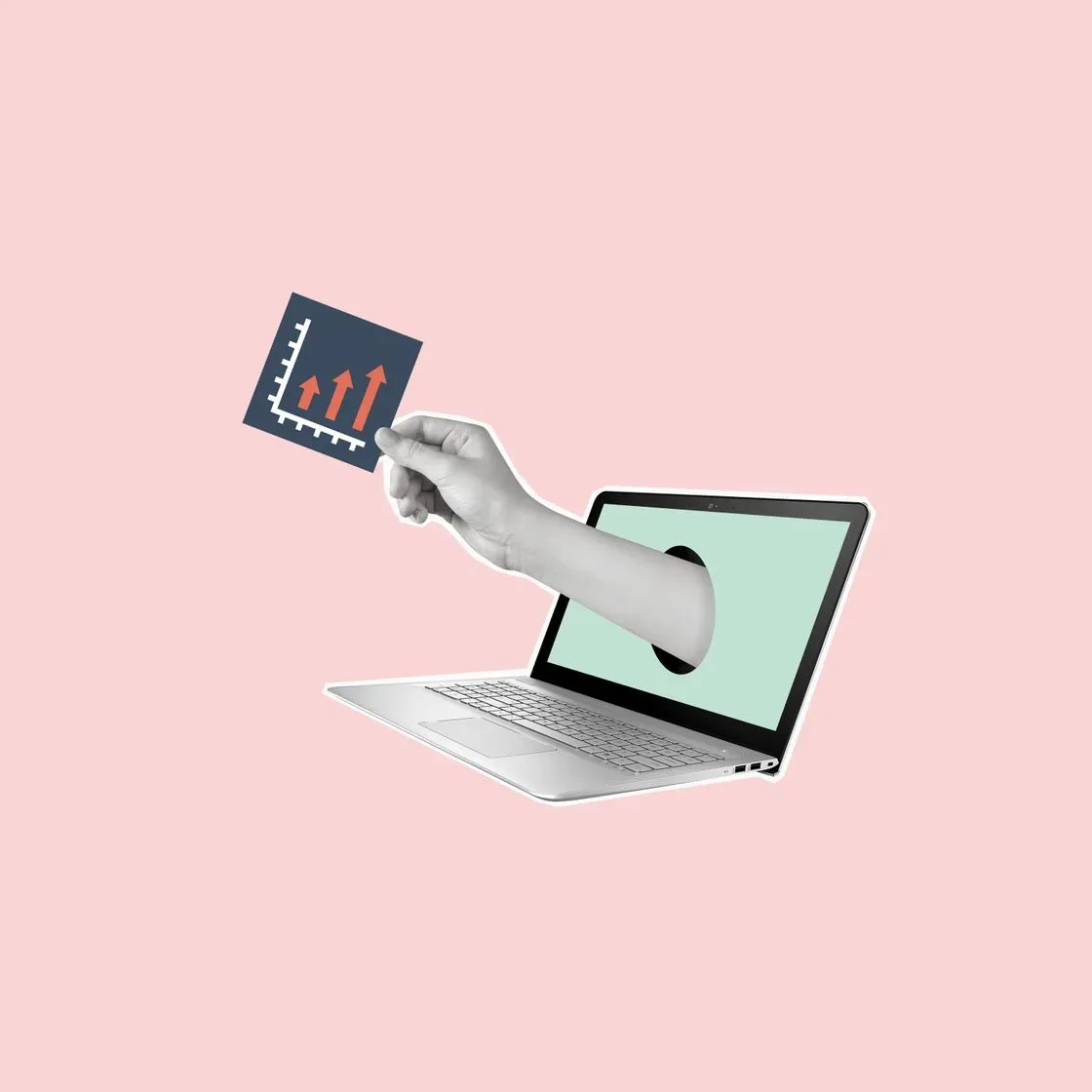 Illustration : une main sort d'un ordinateur portable en tenant un graphique en hausse, symbolisant un site qui fait grandir l'activité