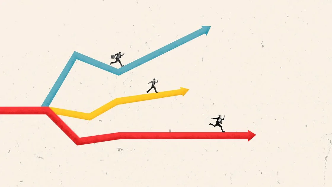Illustration : des personnes progressent sur des flèches colorées, symbolisant la croissance organique générée par une stratégie de contenu efficace