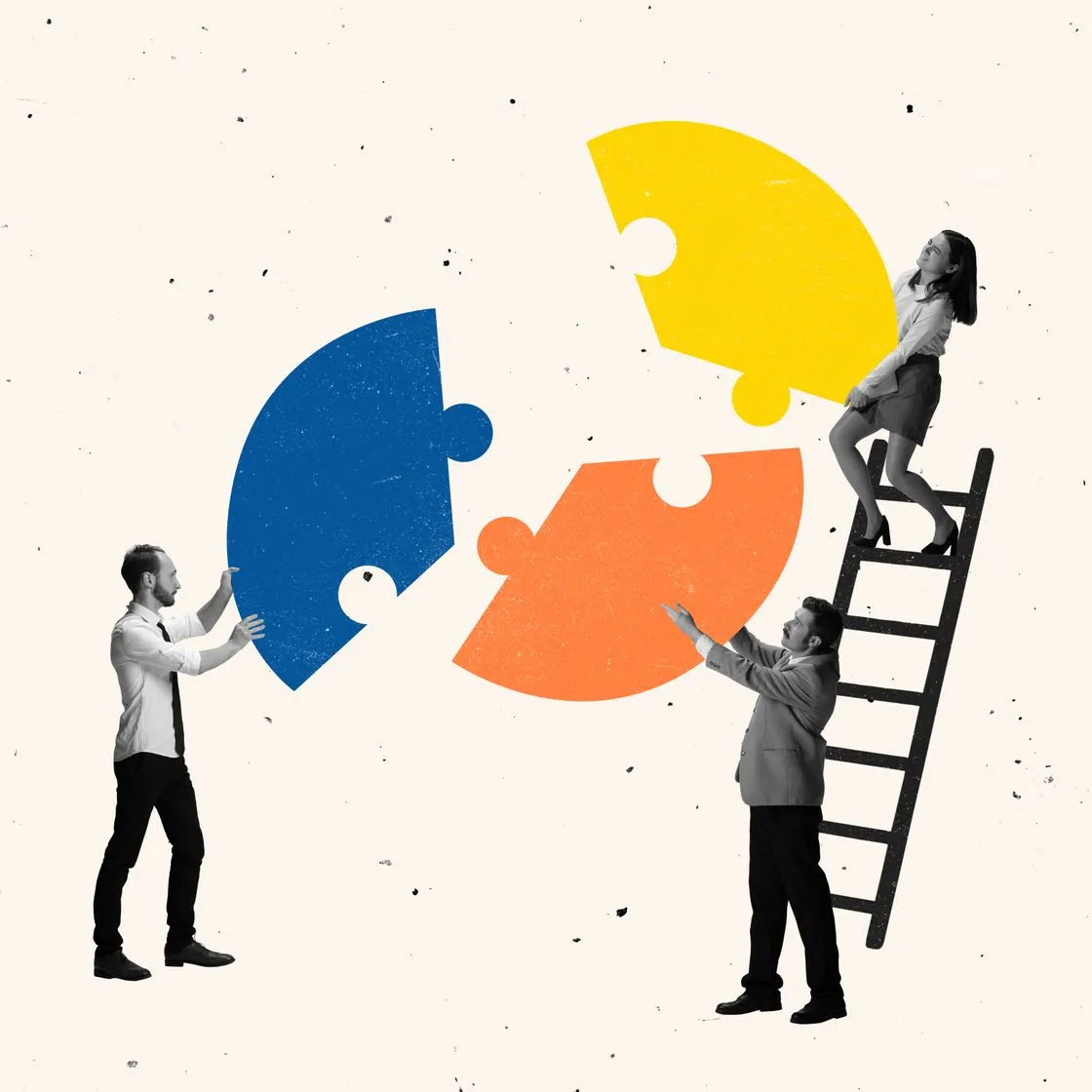 Illustration : une équipe assemble des pièces de puzzle colorées, symbolisant l'intégration HubSpot-WordPress