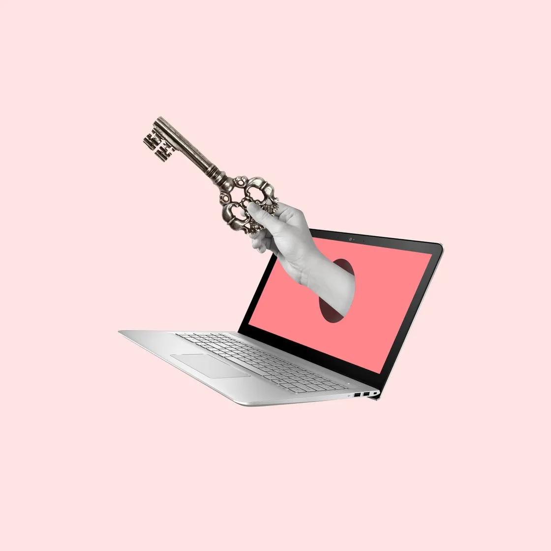 Illustration : une main sort d'un ordinateur portable en tenant une clé ancienne, symbolisant l'accès à un site web performant