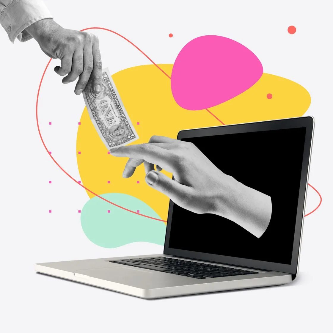 Illustration : un échange d'argent entre une main et un ordinateur portable, symbolisant l'investissement digital